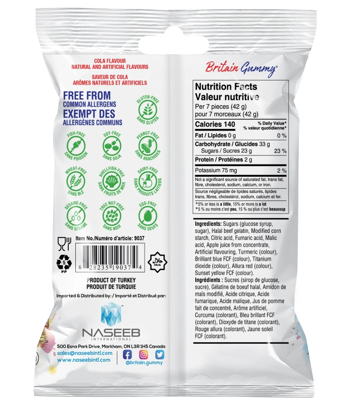 Britain Gummy Cola Bottles 150g bag, a wholesale gummy product with a patriotic UK theme. Free from top 10 allergens.