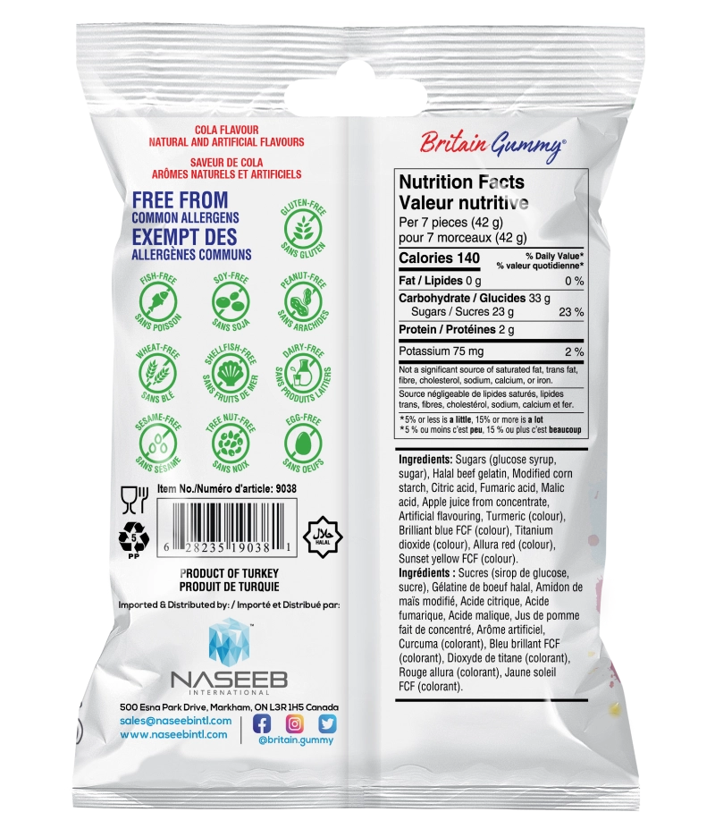 Britain Gummy Fizzy Cola 150g bag, a wholesale gummy product with a patriotic UK theme. Free from top 10 allergens.