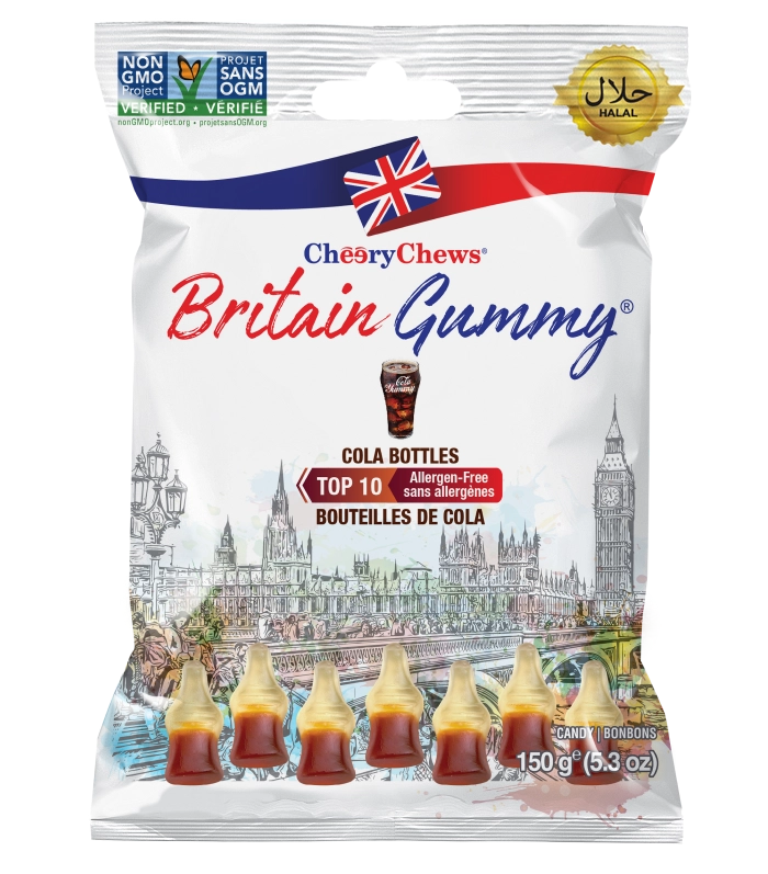 Britain Gummy Cola Bottles 150g bag, a wholesale gummy product with a patriotic UK theme. Free from top 10 allergens.