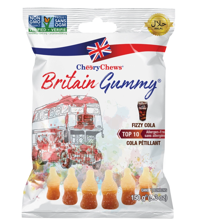 Britain Gummy Fizzy Cola 150g bag, a wholesale gummy product with a patriotic UK theme. Free from top 10 allergens.
